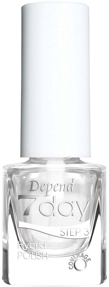 Tydlig nagellacksflaska med vit lock, märkt "Depend 7day Step 3 Hybrid Polish".