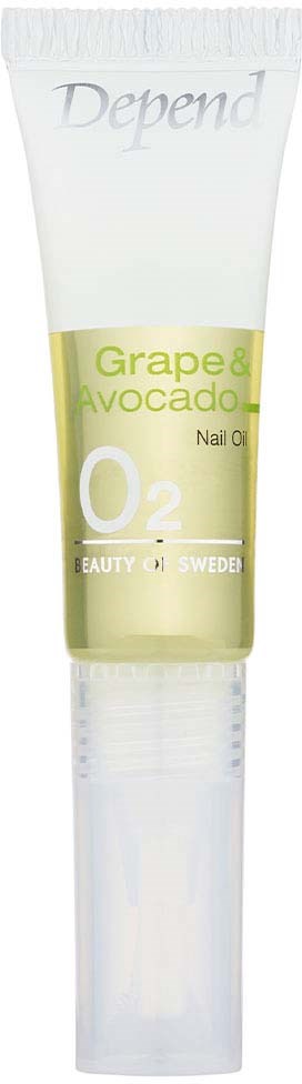 Klein glazen fles met witte pipetdop, gelabeld 'Depend Grape & Avocado Nail Oil' uit Zweden, bevat gelige olie.
