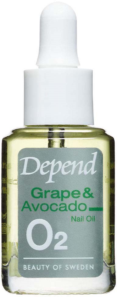 En tub med Depend nagelolja med druva och avokadooljor, märkt 'O2' och 'Beauty of Sweden'.