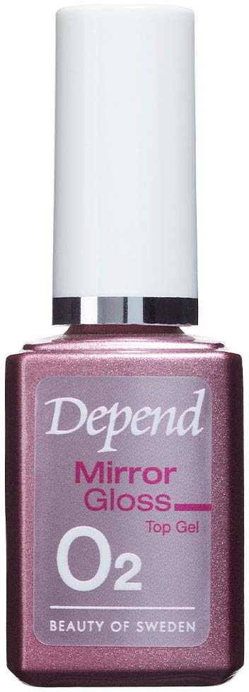 En nagellackflaska märkt 'Depend Mirror Gloss Top Gel O2' med vit kork och rosa-lila färg.