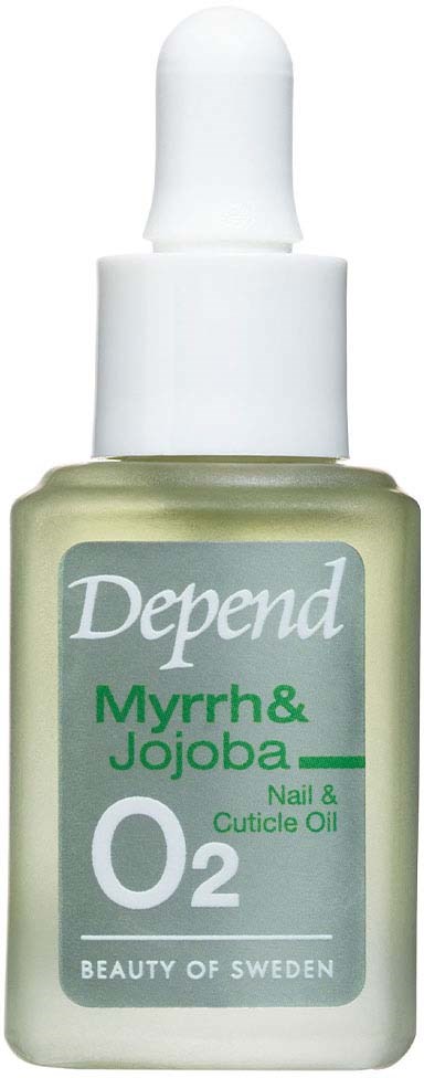 En liten flaska nagel- och nagelbandsolja med pipettlock, märkt med myrra, jojoba och syre.