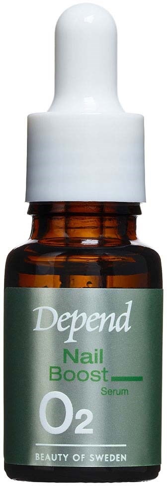 En liten brunt flaska med vit pipettlock, märkt 'Depend Nail Boost Serum O2'.