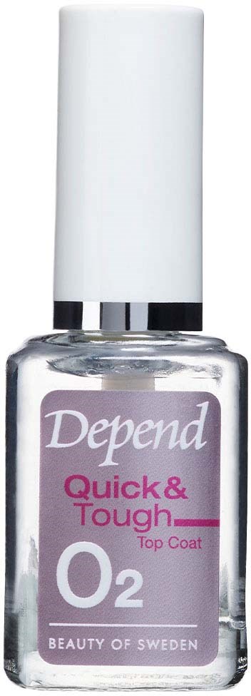 En klar nagellacksflaska med vit lock, märkt 'Depend Quick & Tough O2 Top Coat' från Sverige.