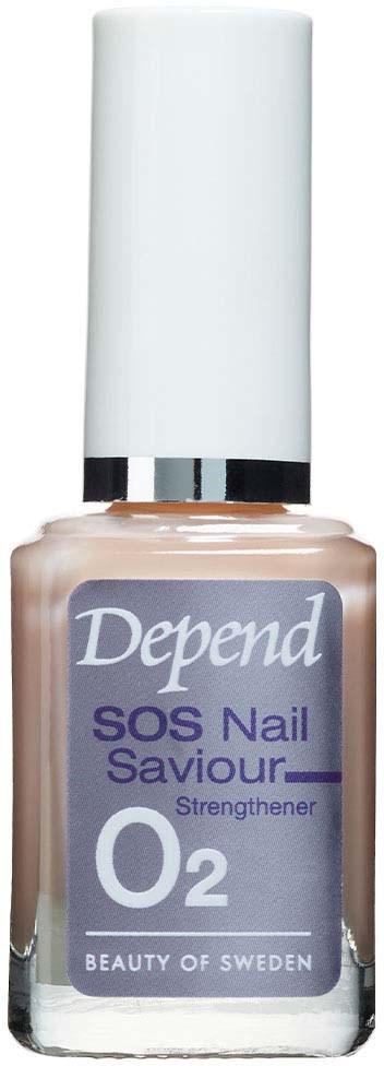 En neglelakkforsterkerflaske med hvit hatt, merket "Depend SOS Nail Saviour O2," fra Sverige.