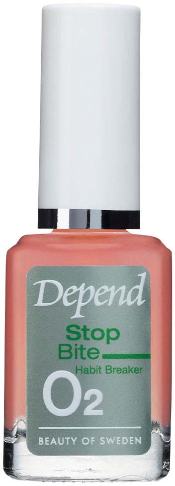 En flaska Depend Stop Bite O2 Habit Breaker nagellack med vit kork och grönaktig etikett.