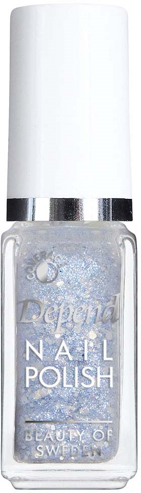 A clear bottle of glittery nail polish with a white cap and silver band.