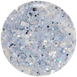 A round object filled with colorful glitter and sparkles in various shades of blue, silver, and tiny hints of other colors.