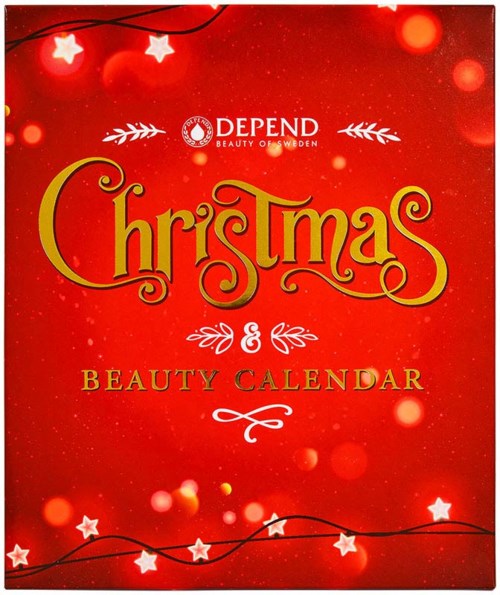 Röd julkalender med guld- och vit text, stjärnor och ljuseffekter, främjar Depend-märket.