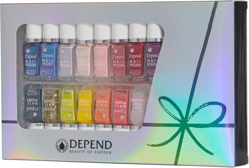 A set of colorful nail polishes in a box, with a ribbon design and the brand name "DEPEND" on the front.