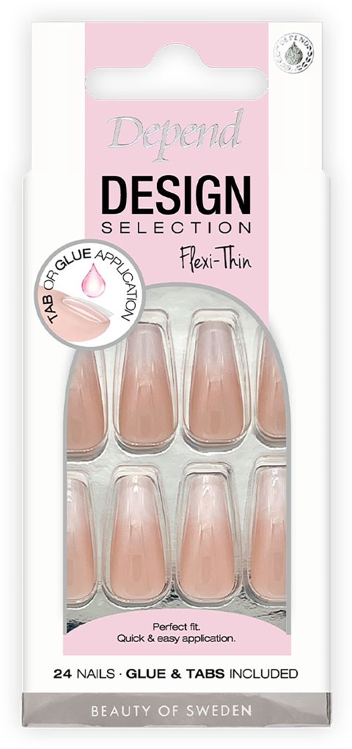 En eske med rosa negletipper, 12 par, merket som fleksible og tynne, for falske negler, fra Beauty of Sweden.