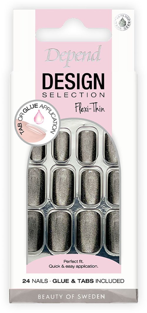 Ett sett med 24 metallfargede falske negler med logo og rosa emballasje, for enkel og rask påføring.