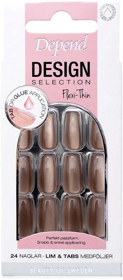 En förpackning med 24 beige nageltabbar, märke Depend, för flexibla tunna naglar.
