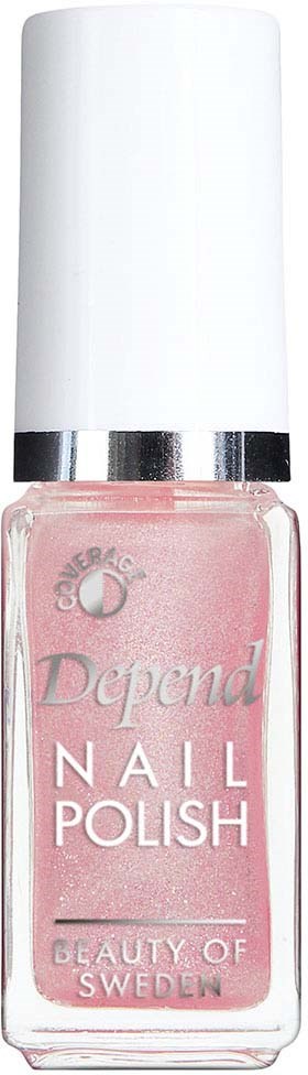 Ljust rosa nagellackflaska med vit lock och silverband, märkt "Depend Nail Polish."