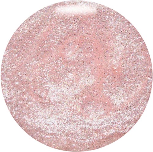 Ett runt makeup-produk med rosa glittrig yta och glimmer.