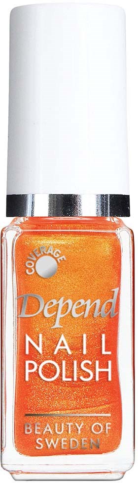 En flaska med orangefärgad Depend nagellack med vit kork, märkt som "Beauty of Sweden."