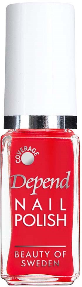 En röd nagellackflaska med vit kork och silverband, märkt Depend Nail Polish från Sverige.
