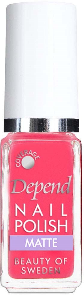 En rosa flaska med Depend matt nagellack med vitt lock och silverband, märkt 'Beauty of Sweden'.