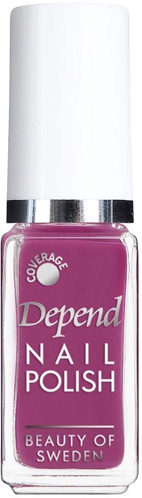 Rosa nagellackflaska med vit lock, märket 'Depend' och 'Coverage'-text på etiketten.
