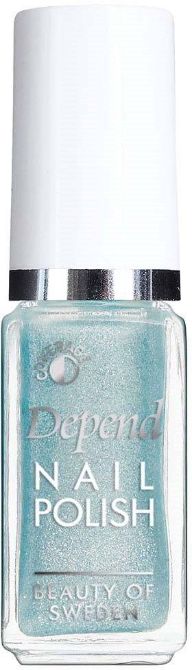 En ljusblå nagellackflaska med vit kork och silverkant, märkt 'Depend Nail Polish' från Sverige.