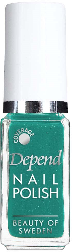En teal nagellacksflaska märkt 'Depend Nail Polish' från Sverige med vit cap.
