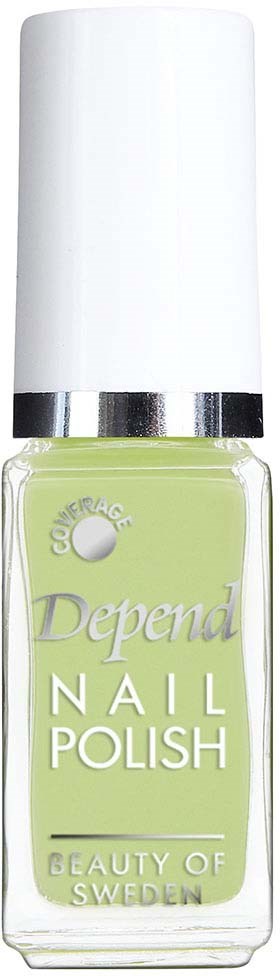 En flaska ljusgrön nagellack med vit kork och silverband, märkt 'Depend Nail Polish' från Sverige.