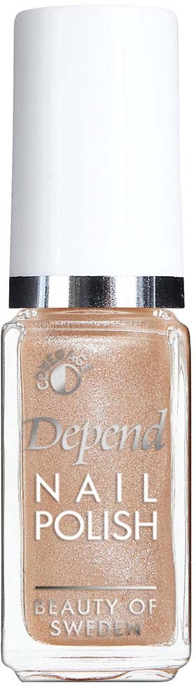 En flaska ljusbeige nagellack med vit kork och silverband, märkt 'Depend Nail Polish' från Sverige.