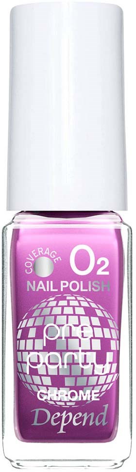 En lilla neglelakkflaske med hvitt lokk merket 'O2 Nail Polish' med 'Coverage' og 'Depend'.