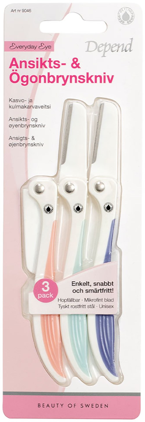 Sett med tre ansikts- og øyenbryns barberblad med fargerike håndtak, designet for rask og enkel grooming.