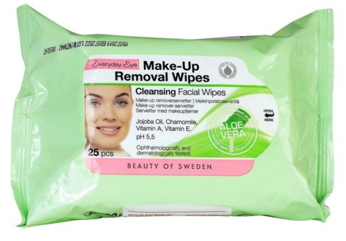 Grönt paket med 25 makeupborttagningsdukar med bild av leende kvinna, aloe vera och hudvård.