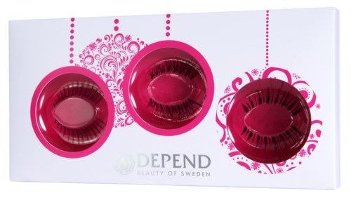 Falska ögonfransar i rosa i en vit box med rosa dekorationer och texten 'Depend Beauty of Sweden'.