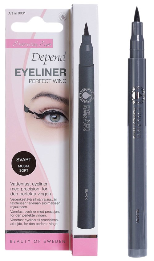 En svart eyelinspenna och dess förpackningsbox med ett ansiktsbild och text på.