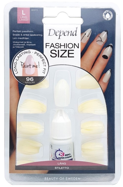 Artificiella nageltips med lim och exempel på naglar för nagelkonst i förpackningen.