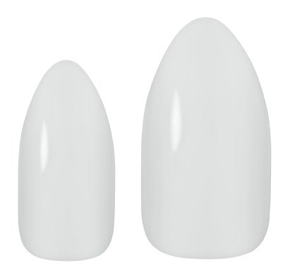 Två vita, släta, ovala former i olika storlekar, troligen konstnaglar eller nageltips.
