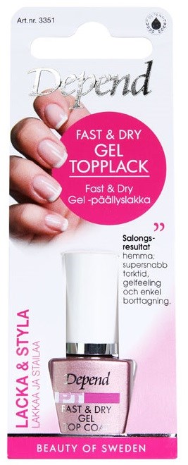 Een fles Depend gel top coat in een roze en wit doosje met informatie over snelle en droge eigenschappen.