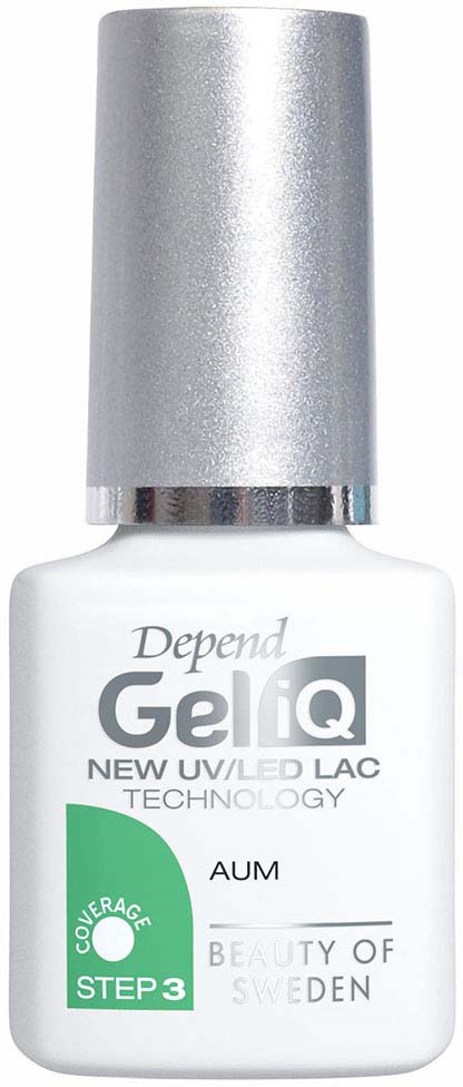 A white bottle with silver cap, labeled 'Depend Gel IQ' for nail care, showing 'Coverage Step 3' for UV/LED technology.