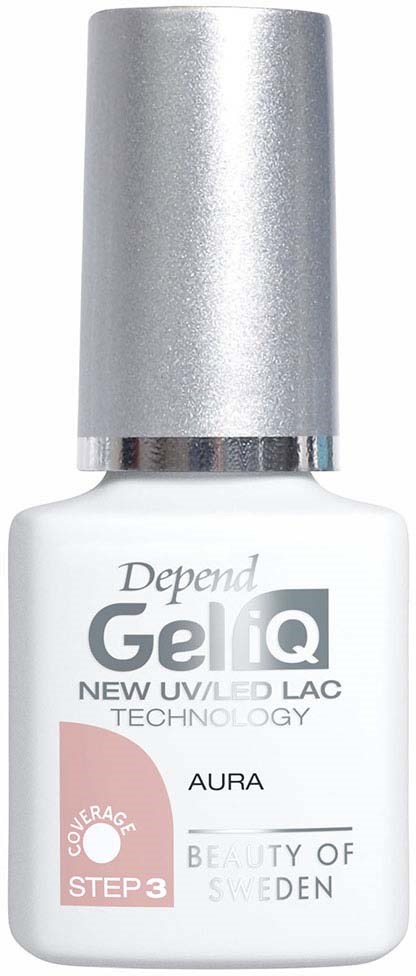 En hvid flaske med sølvhoved mærket 'Depend GeliQ' til neglelak, med nogle rosa og grå tekstdetaljer.