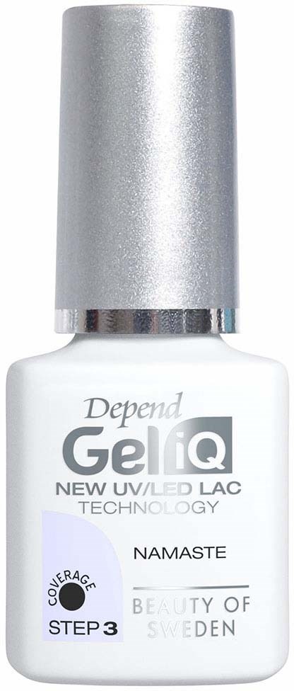 Hvid flaske fra Depend Gel IQ neglelak med sølvhylster, mærket til UV/LED-lysherdning, kaldt Namaste.