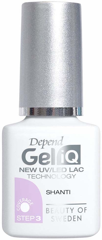 En hvid flaske mærket Depend Gel IQ, med sølvhætte, bruges til neglepleje med UV/LED-teknologi.