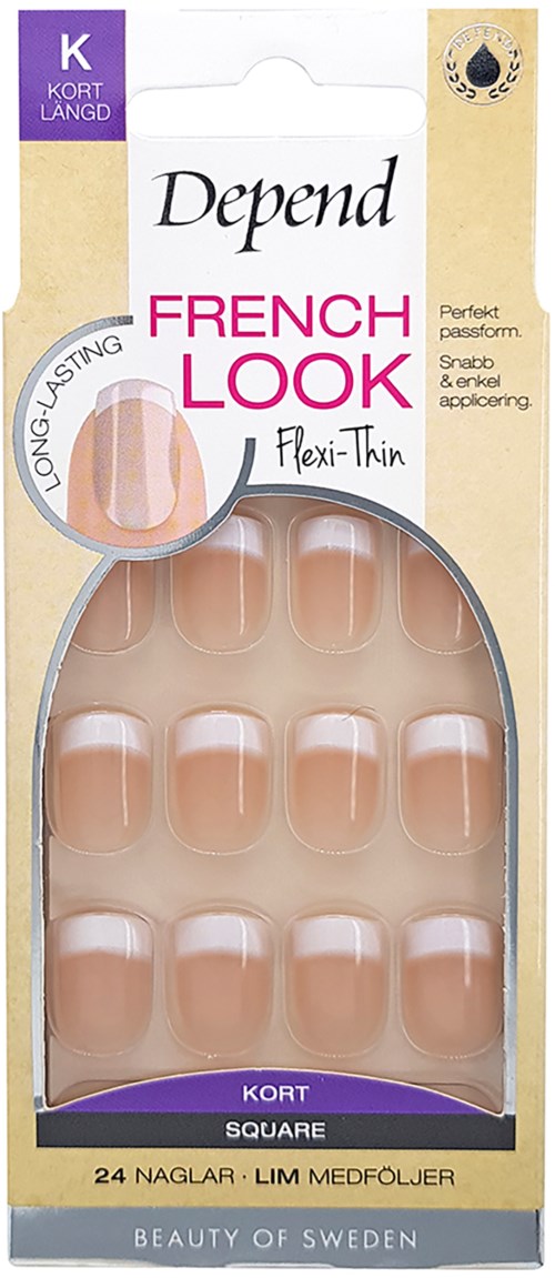 Pakkaus lyhyitä, suorakulmaisia tekonäitä, nimeltään 'French Look' luonnollista ulkonäköä varten. Sisältää 24 kynttä.
