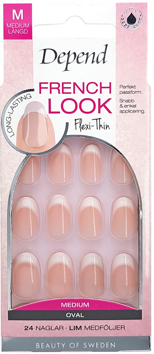 Låda med mjuka, naturliga falska naglar i medium längd och oval form, från Depend's French Look-kollektion.