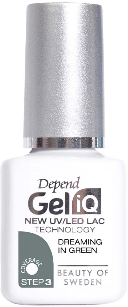 Vit nagellackflaska med silverlock, märkt "GeliQ" och nämner UV LED-teknik och grön färg.