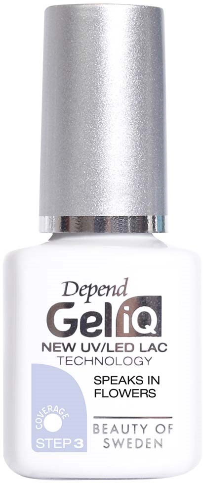 En vit nagellackflaska med silverhätta. Den säger Depend GeliQ med UV-LED-teknik och blommig doft.