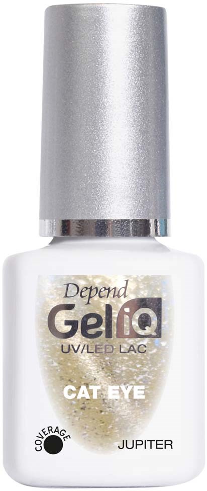 En hvit neglelakkflaske med sølvsilhuett, merket Depend Gel IQ Cat Eye Jupiter.