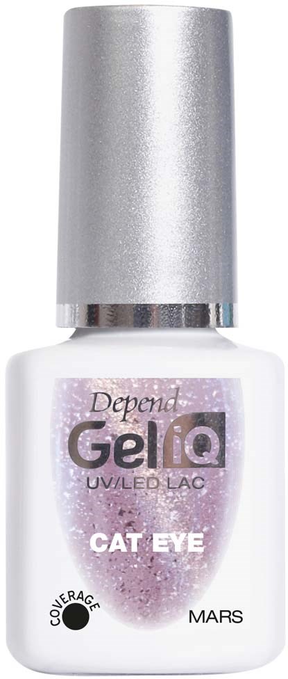 En vit nagellackflaska med silverlock, märkt 'Depend Gel IQ UV/LED LAC' i lila och svart.