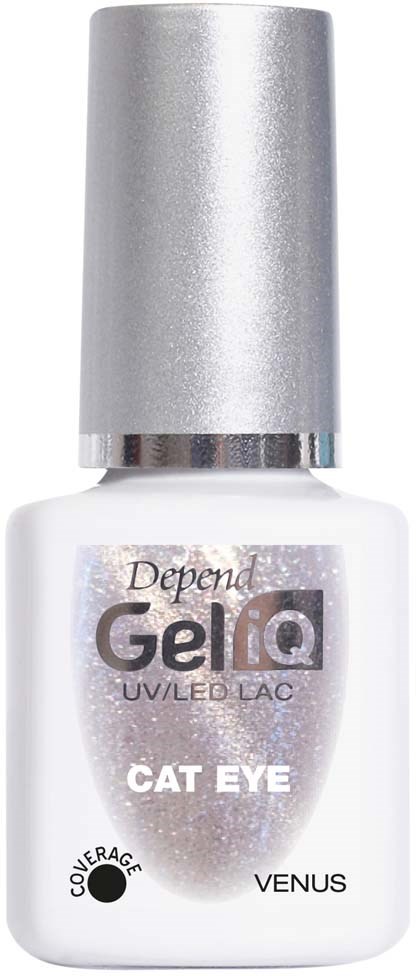 Vit nagellackflaska med silverkapsyl, märkt 'GeliQ Cat Eye Venus,' ger en kattögon-effekt.