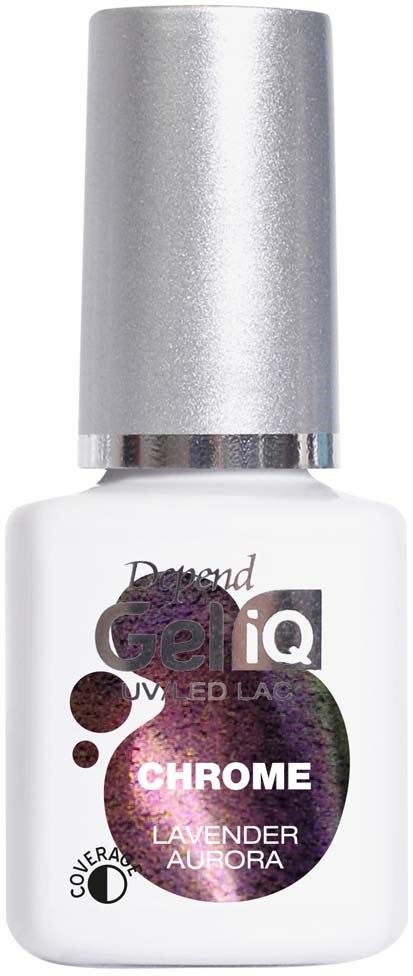 Valkoinen kynsilakkapullo hopeisella korkilla, merkinnällä 'Chrome Lavender' ja värikkäitä kuvia.