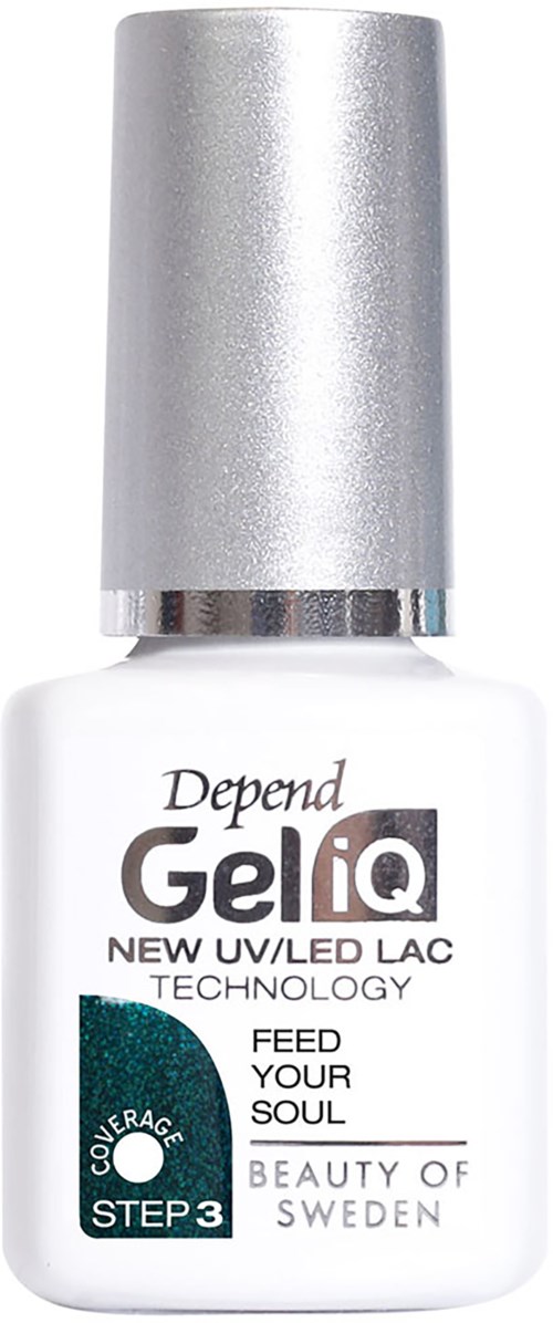 En vit flaska med silverlock, märkt 'Depend GeliQ', främjar nagelgel med UV/LED-teknologi.