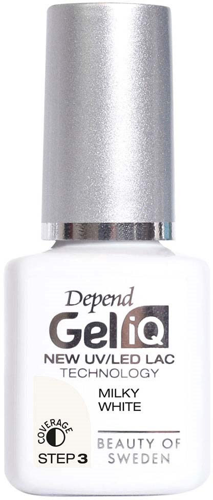 Eine weiße Nagellackflasche mit silbergrauem Deckel, gekennzeichnet GeliQ, Milky White, aus Schweden.