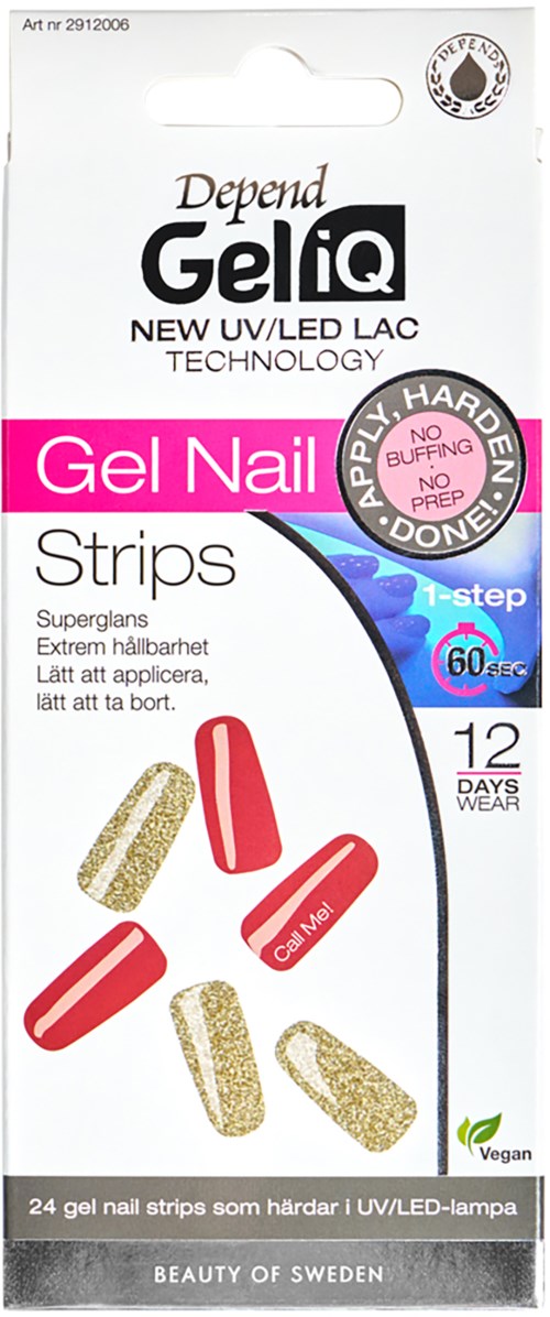 Doos met gelnagellakstrips, roze label, rode en gouden nagels, klein en draagbaar, gemakkelijk aan te brengen.