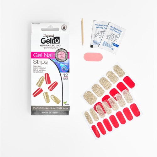 Nagelstrips in rood en goud, verpakking toont 12 dagen houdbaarheid, twee extra nagelvoorbereidingdoekjes en een oranje nagelvijl.